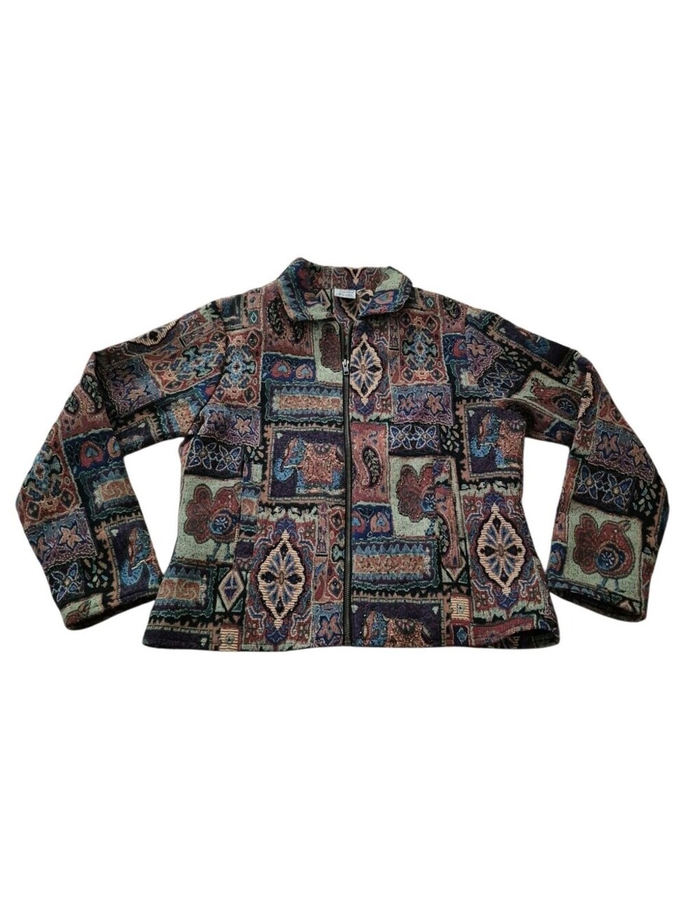 Parsley & Sage Art To Wear Elephant Paisley Floral Tapestry Zip Jacket Small